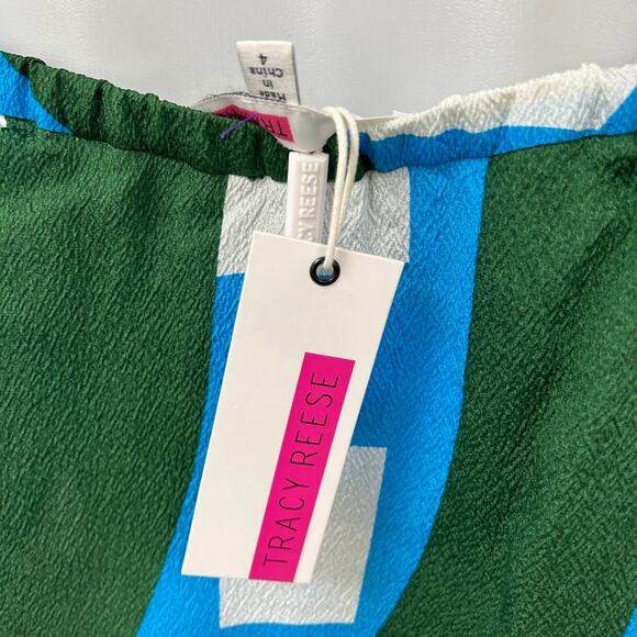 NWOT Tracy Reese Geometric Print Silk Off Shoulder Dress Womens 4 Blue Green - Picture 6 of 8